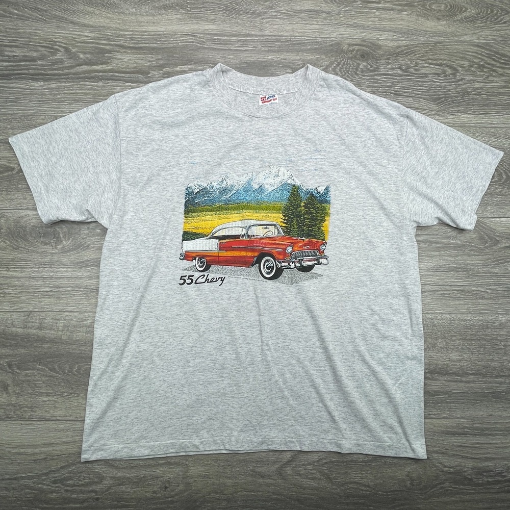 Vintage 55 Chevy T-Shirt XL USA Made Hanes Heavyweight Classic Car Hot Rod 1991